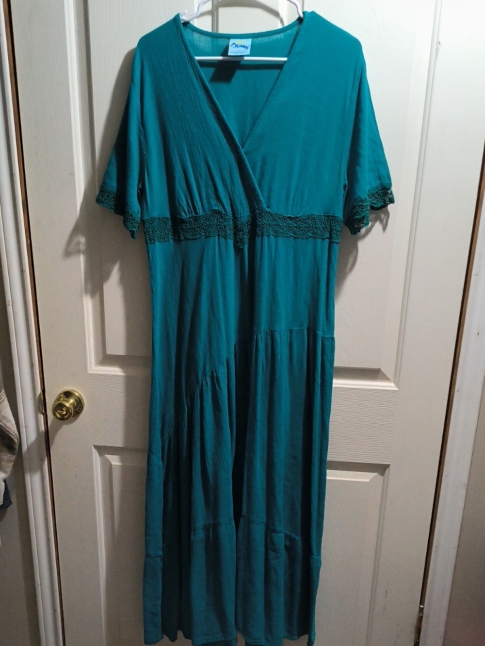 Women's Teal Maxi Dress with Crochet Waist and Short Flutter Sleeves